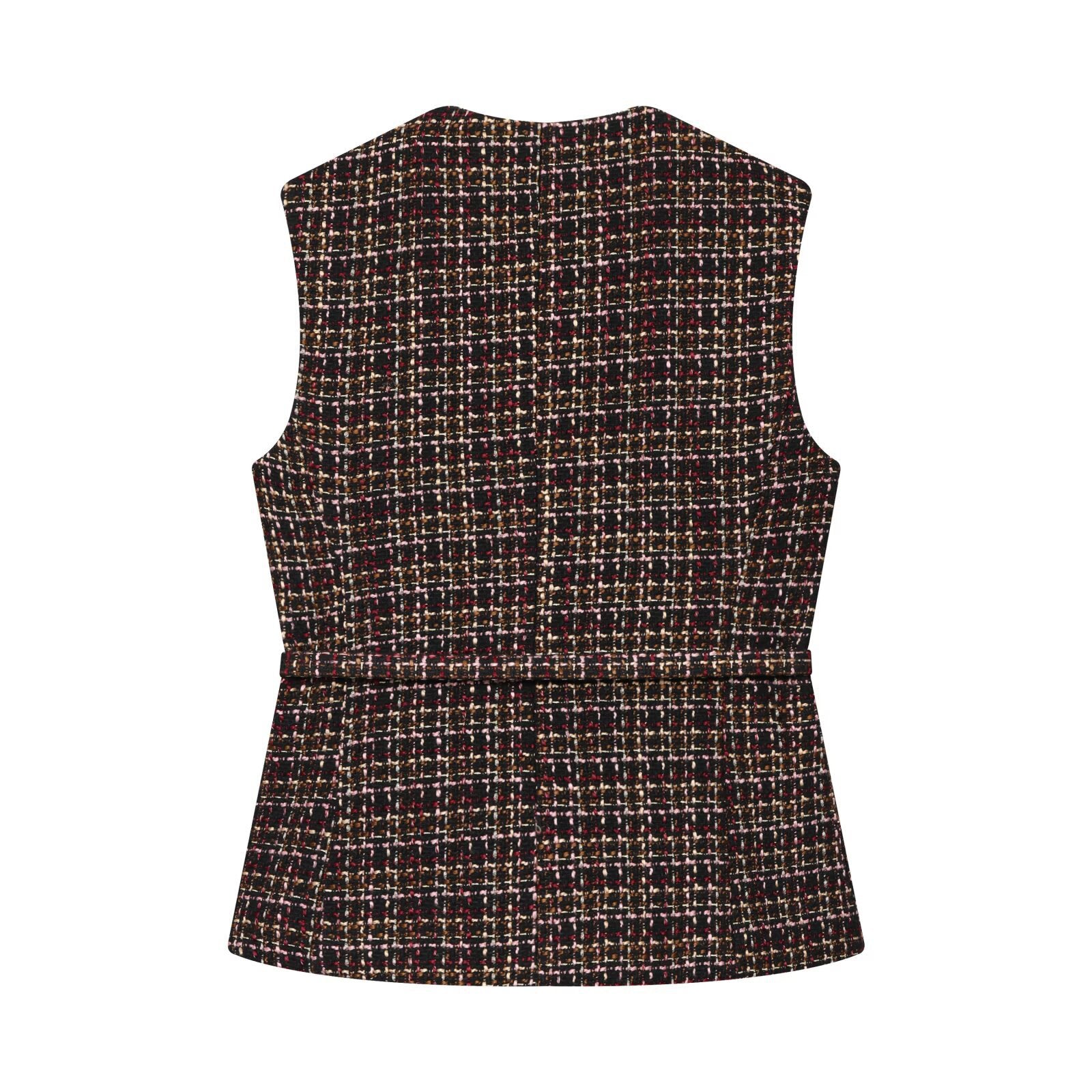 Woman wearing Plaid Belted Textured Vest in a stylish setting