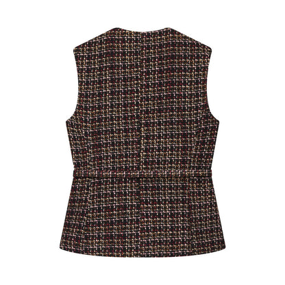 Woman wearing Plaid Belted Textured Vest in a stylish setting