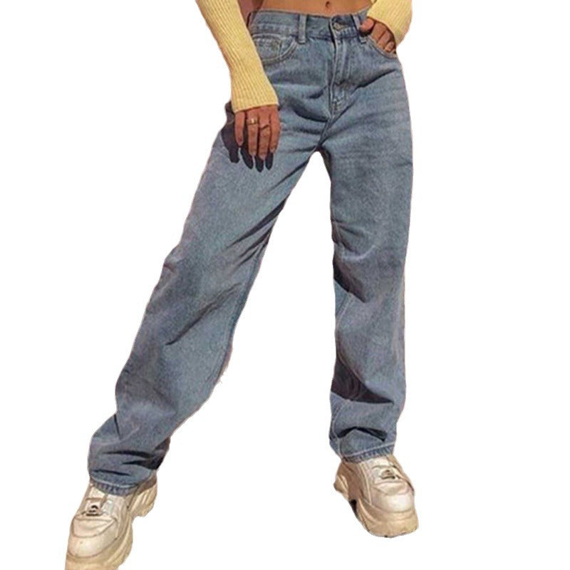 Woman wearing wide leg jeans in a casual outdoor setting
