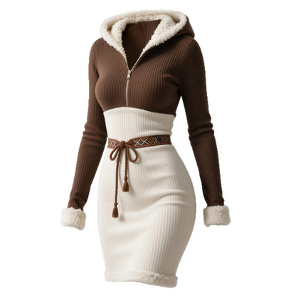 Woman wearing Vintage Ethnic Style Zip Up Hooded Bodycon Dress in a city setting