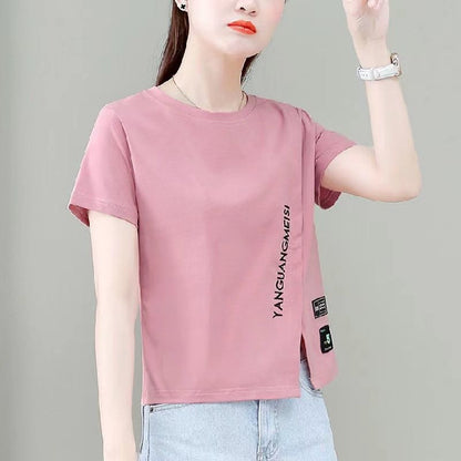 Woman wearing Chic Short Sleeve Slim Fit Top in a casual summer setting