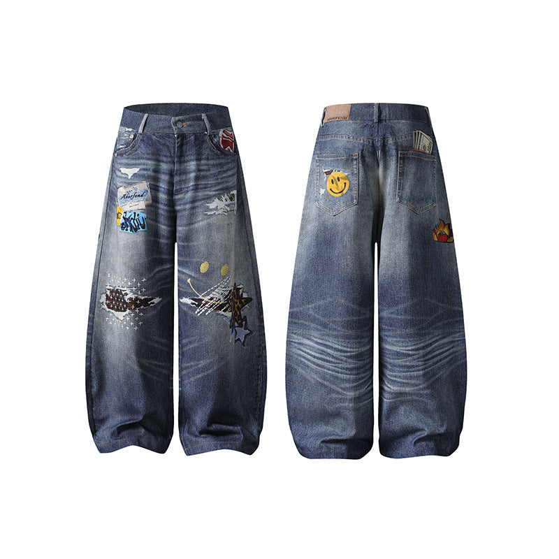 Embroidered Denim Wide Leg Straight Pants | Tajstylo