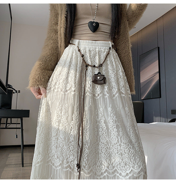 Woman wearing Lace Midi Skirt in a stylish setting