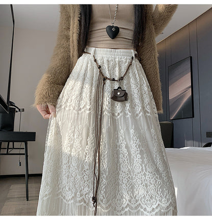 Woman wearing Lace Midi Skirt in a stylish setting
