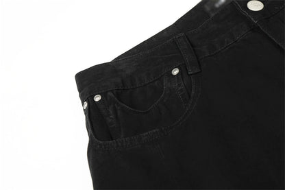 Distressed Black Denim Straight Leg Pants | Tajstylo