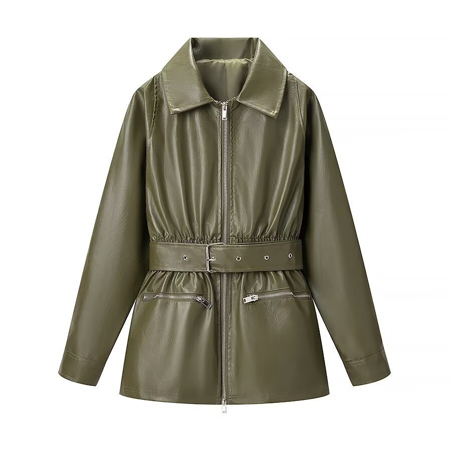 Street Elastic Waistband Faux Leather Jacket | Tajstylo