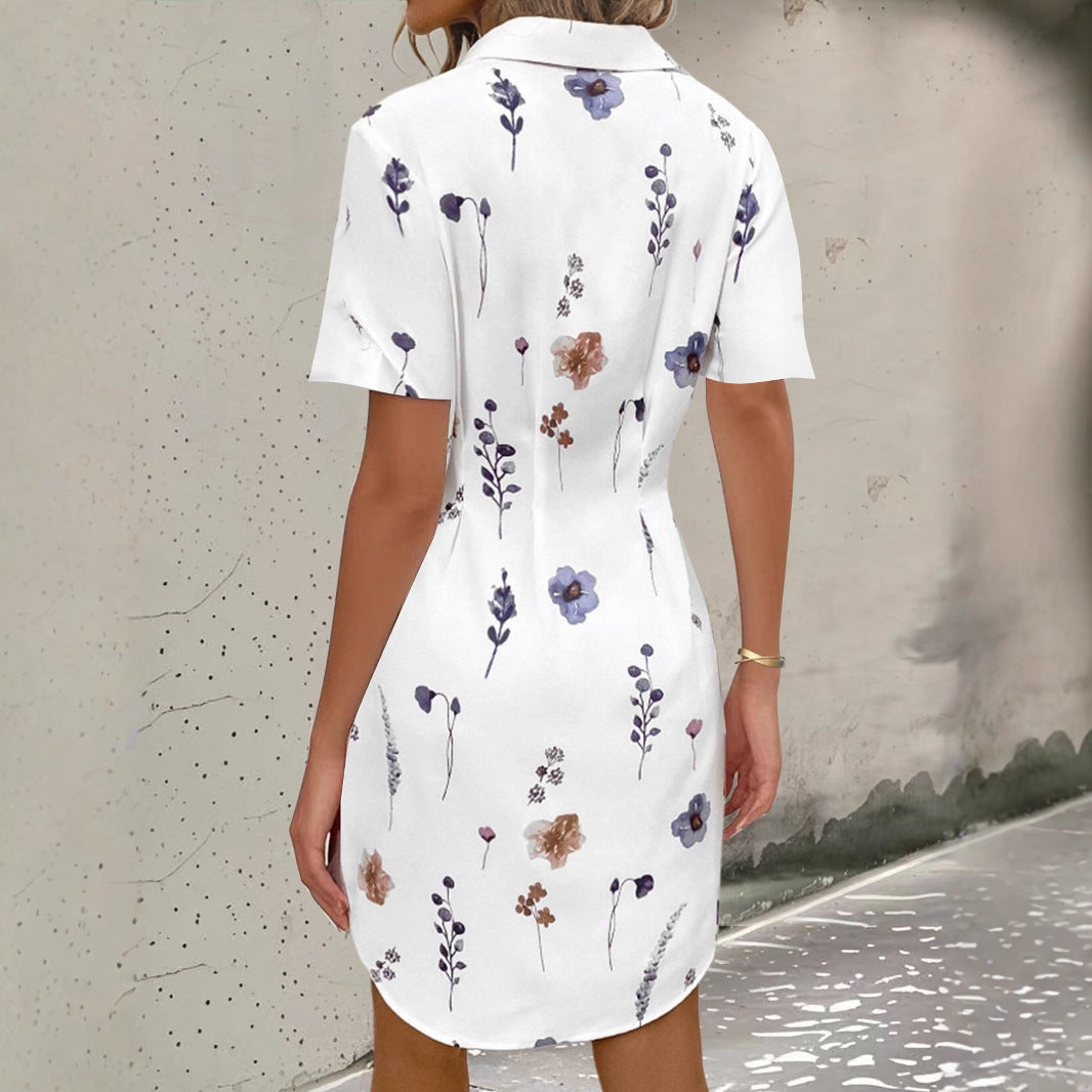 Woman wearing Printed Blouse Dress in a sunny outdoor setting
