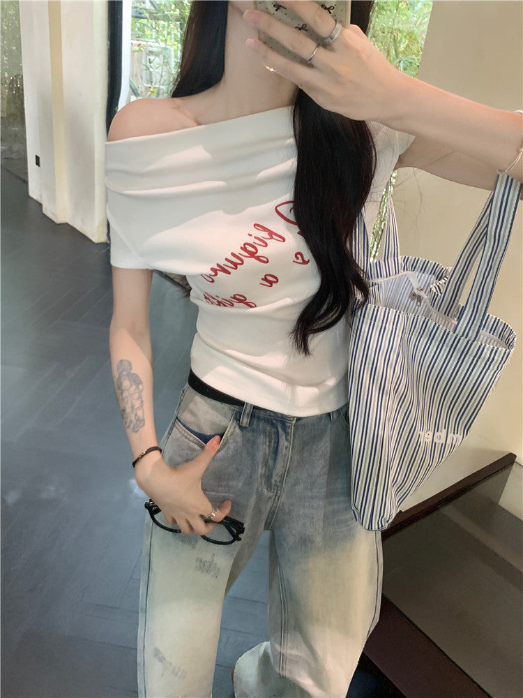 One Shoulder Fitted Crop Top with Letter Print | Tajstylo
