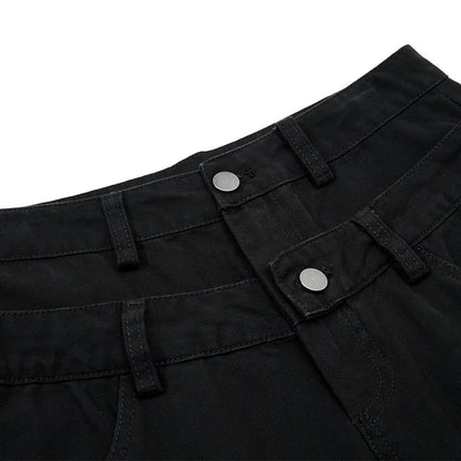 Woman wearing Fake Two Piece Spliced Denim Wide Leg Pants in a stylish urban setting