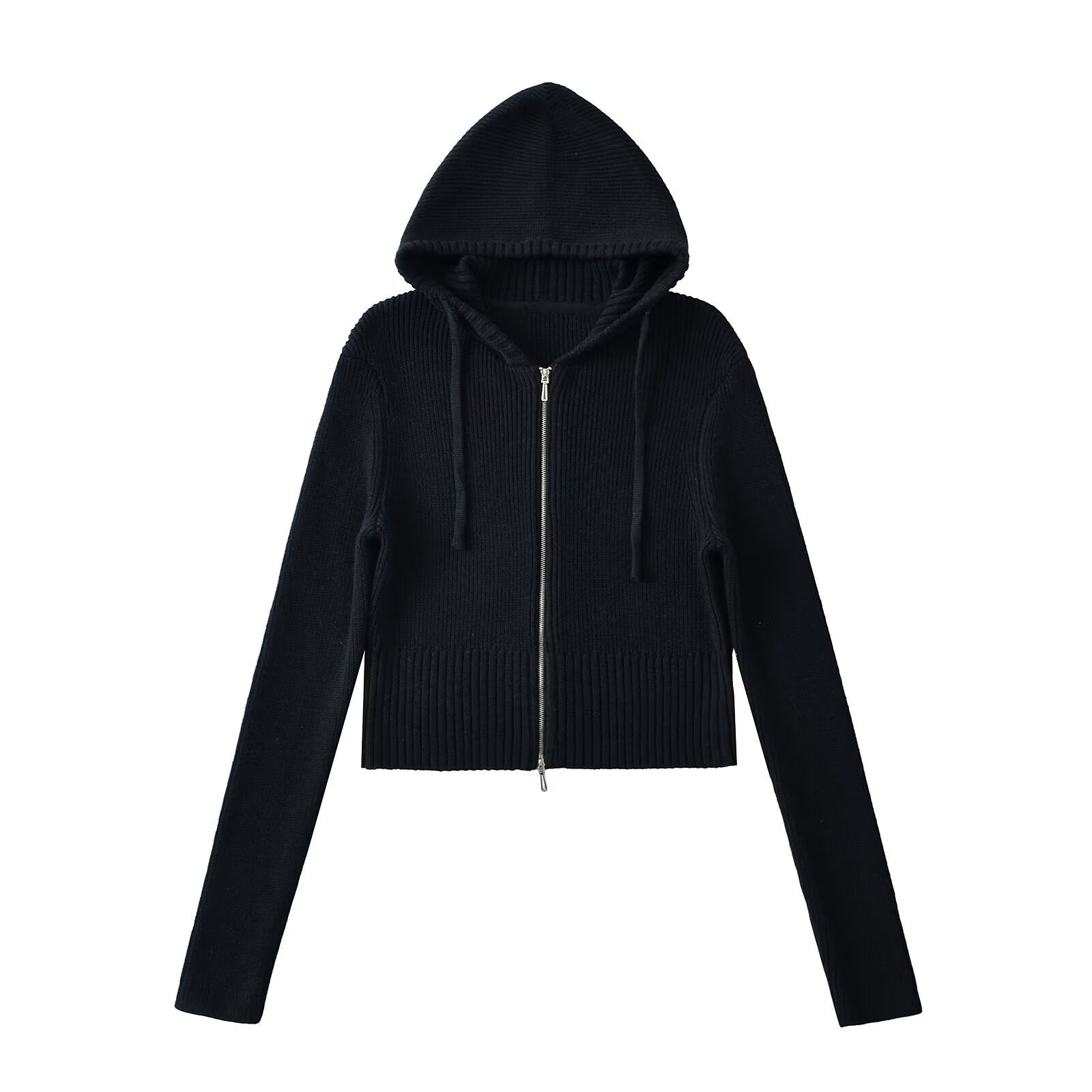 Woman wearing Hooded Half-Zip Slim Fit Sweater in a stylish office setting