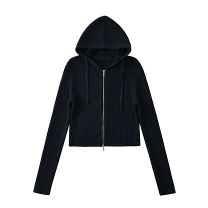Woman wearing Hooded Half-Zip Slim Fit Sweater in a stylish office setting