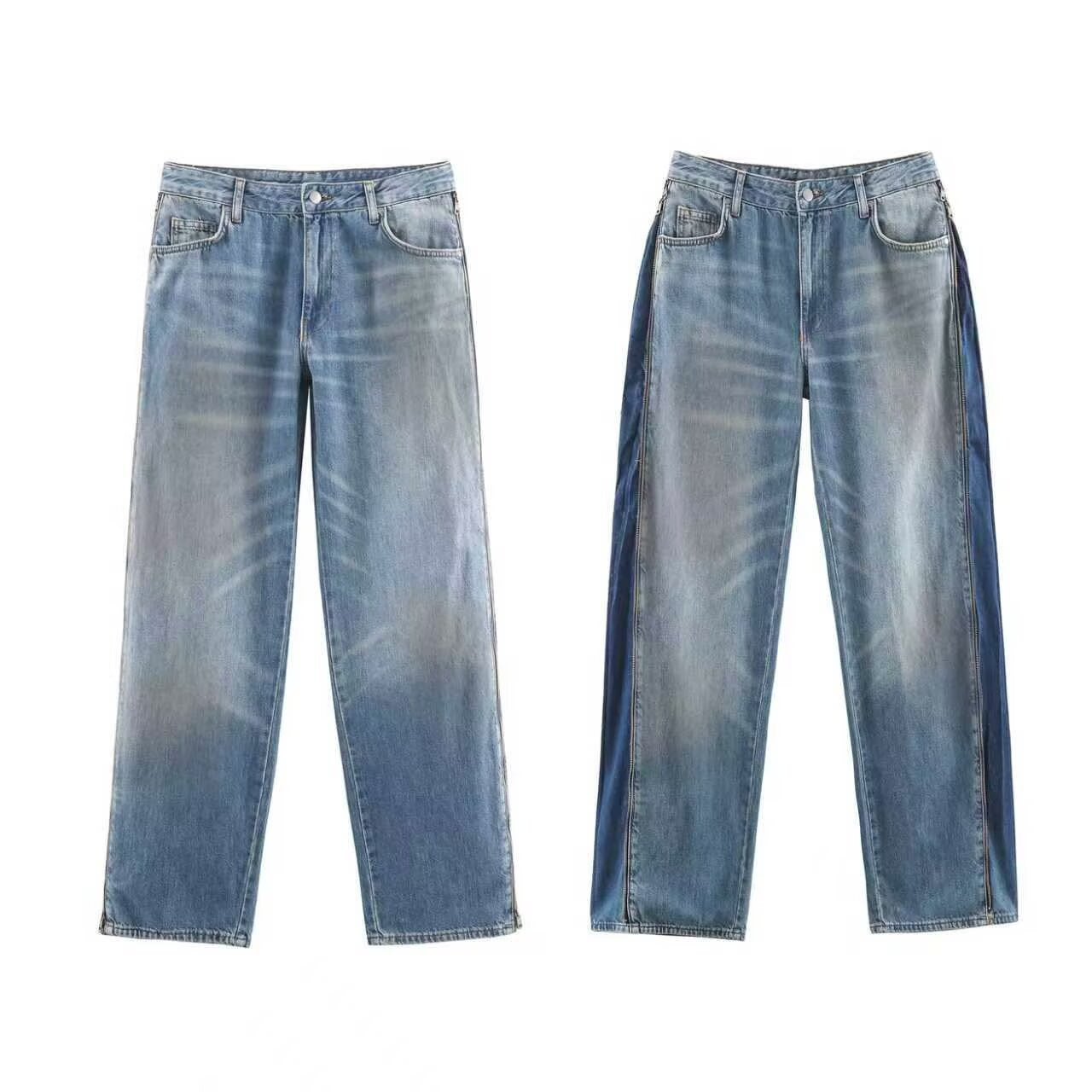 Woman wearing Mid Waist Zipper Jeans in a casual setting