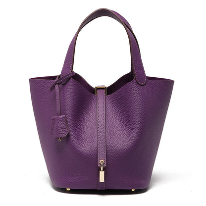 Women's Top Grain Cowhide Leather Bucket Bag – Model View | TajStylo