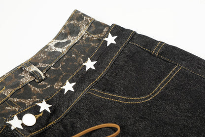 Leopard Print Spliced Denim Pants | Tajstylo