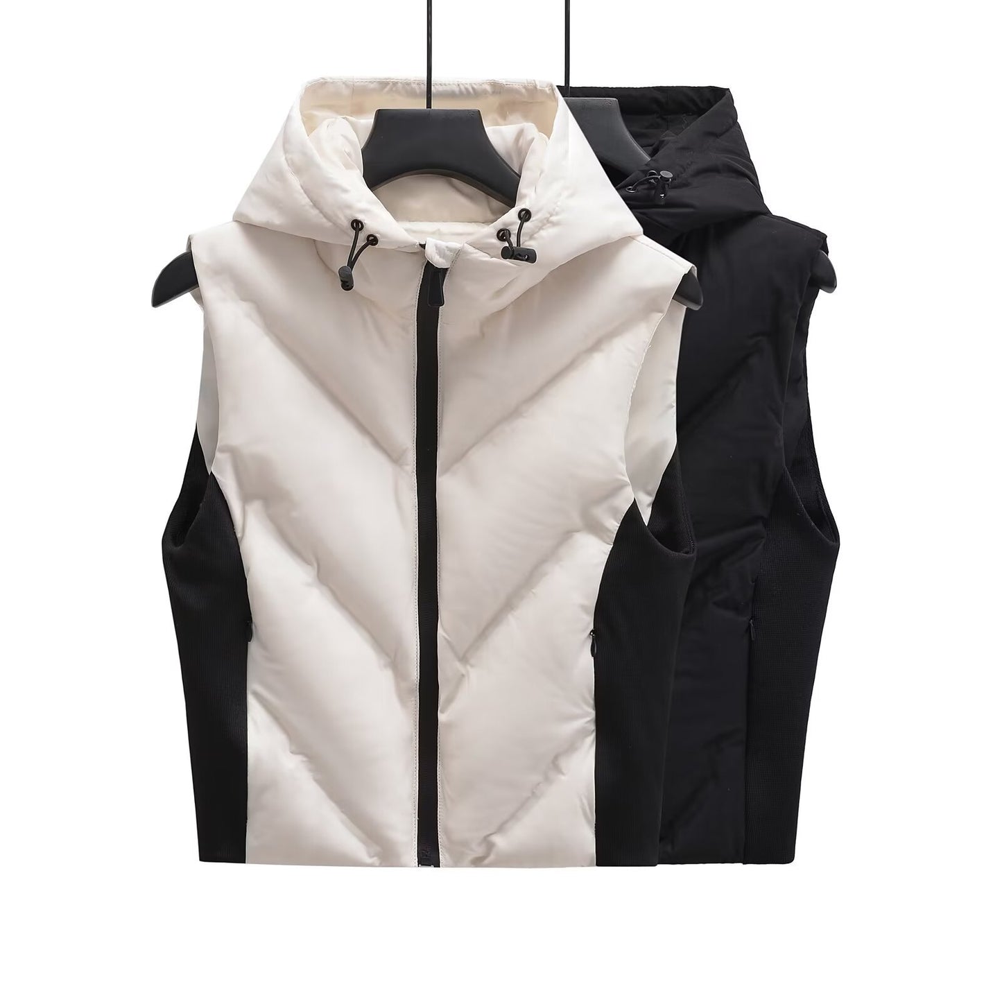 Woman wearing Street Laminated Hooded Vest Jacket in an urban setting