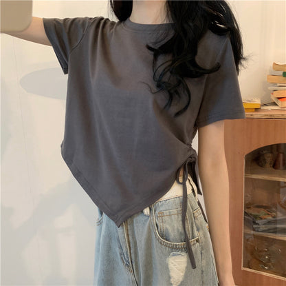 Irregular Drawstring Cropped T-Shirt | Tajstylo
