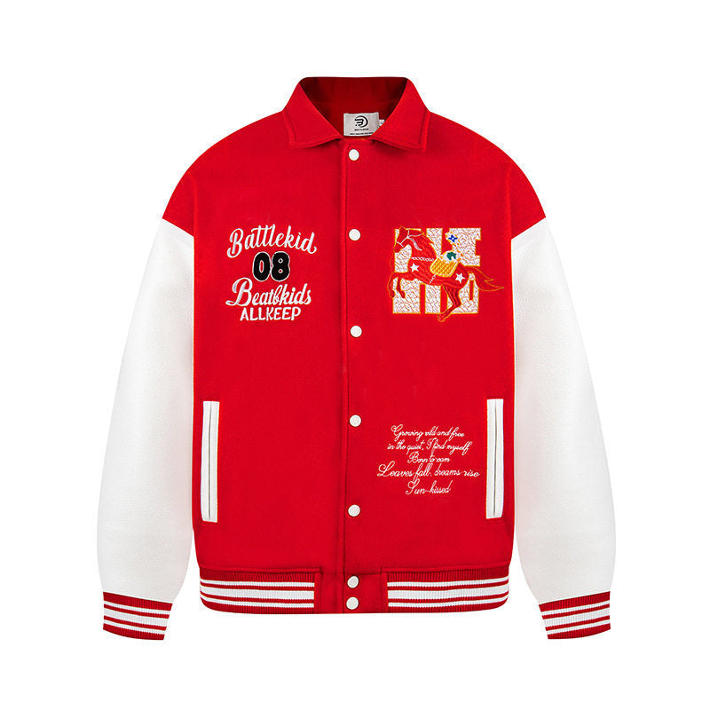 Woman wearing Letter Embroidery Casual Baseball Jacket in a stylish urban setting