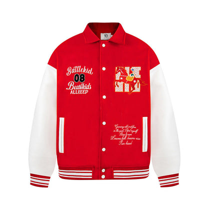Woman wearing Letter Embroidery Casual Baseball Jacket in a stylish urban setting
