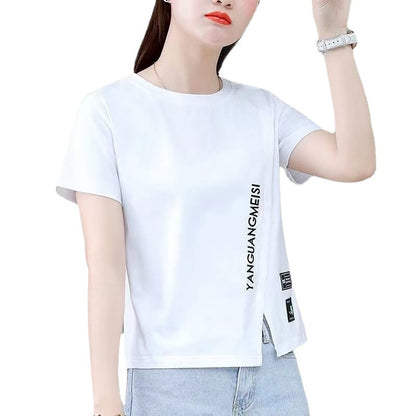 Woman wearing Chic Short Sleeve Slim Fit Top in a casual summer setting