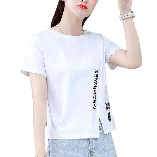 Woman wearing Chic Short Sleeve Slim Fit Top in a casual summer setting