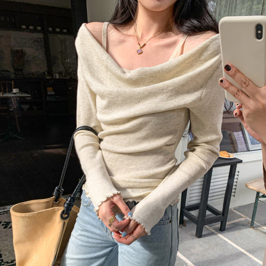Woman wearing Off-Shoulder Slim Fit Knit Bodysuit Top in a stylish setting