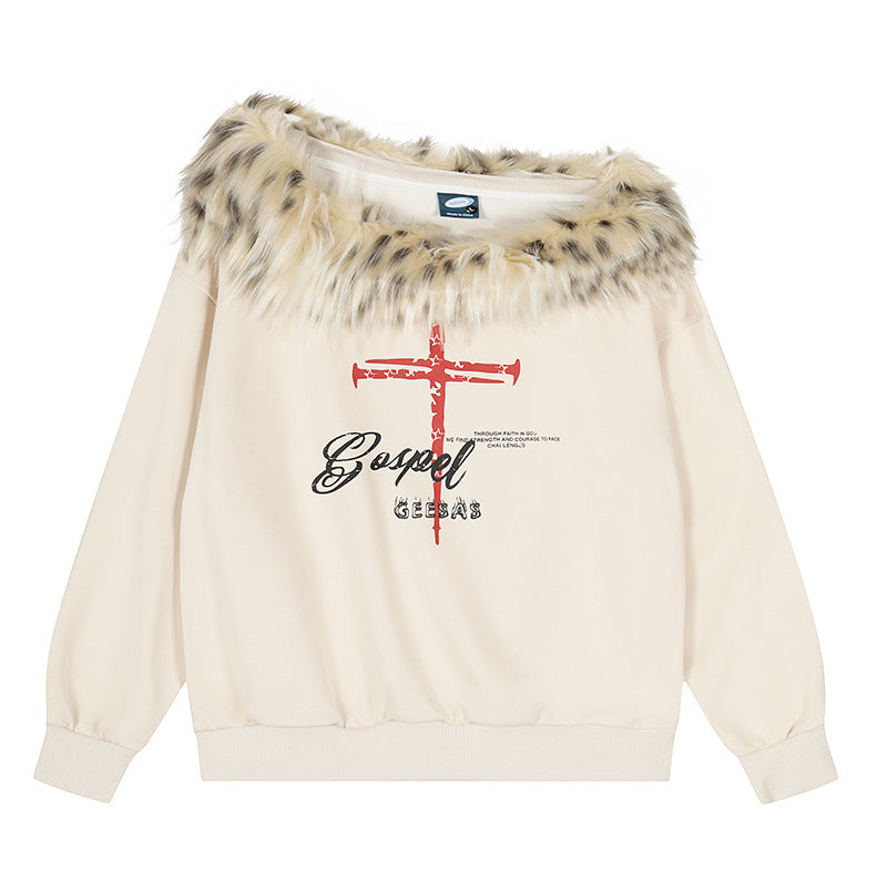 Woman wearing Faux Fur Collar Asymmetrical Crop Top in an urban setting