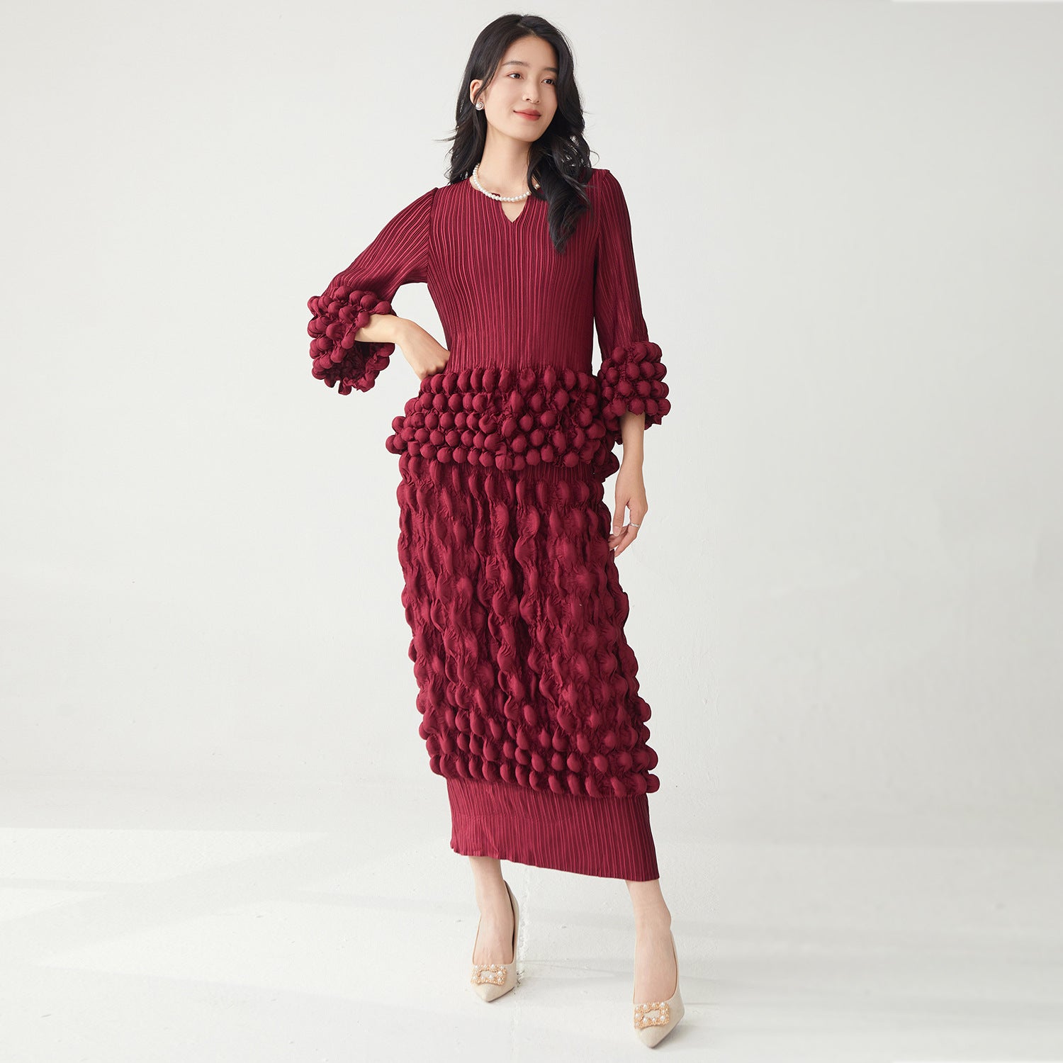 Woman wearing Elegant Two-Piece T-Shirt and Fitted Skirt Set in a stylish setting