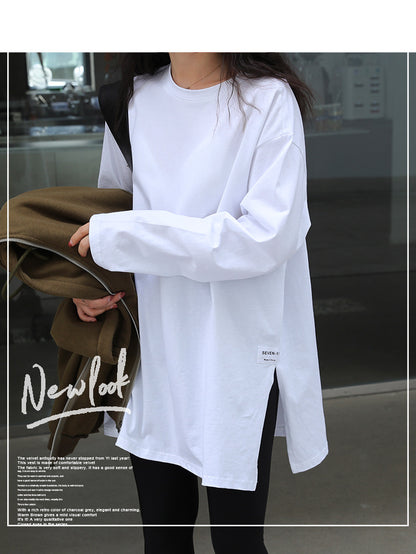 Solid Color Side Slit Long Sleeve T-Shirt | Tajstylo