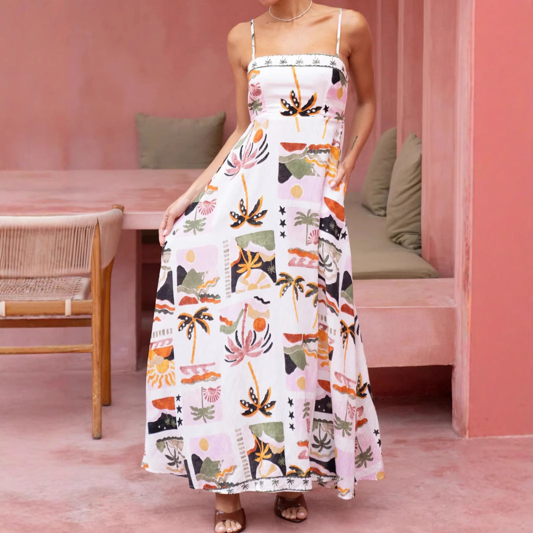 Woman wearing Floral Print Drawstring Waist Maxi Dress in a sunny beach setting