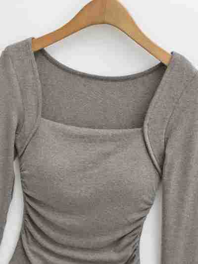 Square Neck Pleated Long Sleeve T-Shirt | Tajstylo