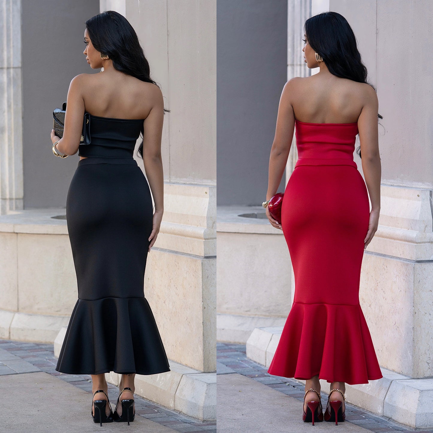 Strapless Lace Trim Top and Bodycon Skirt Set | Tajstylo