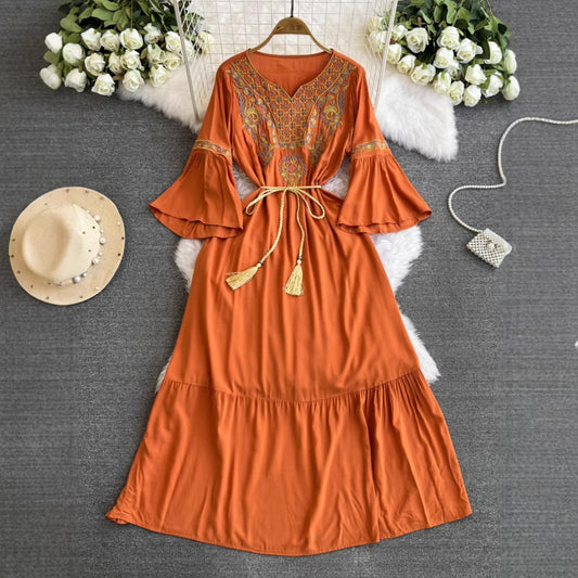 V-Neck Embroidered Flared Sleeve Dress | Tajstylo