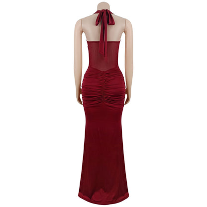 Sheer Mesh Halter Tie-Back Bodycon Dress | Tajstylo