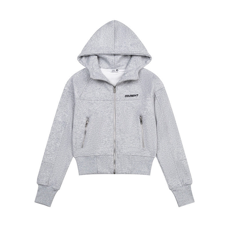 Woman wearing Hooded Sweatshirt with Zipper Pocket in a city setting