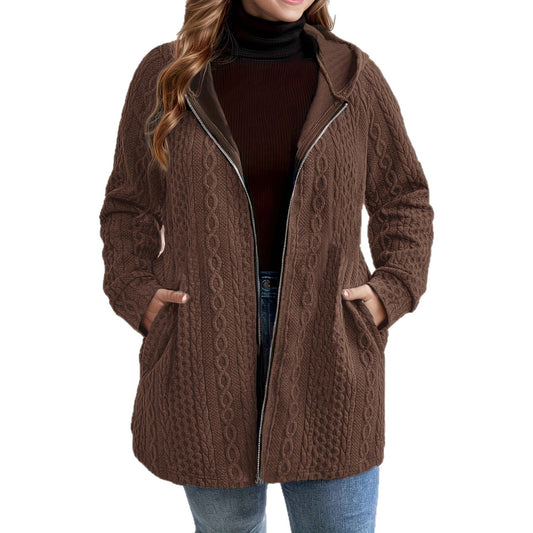 Woman wearing Solid Color Loose Zip Hoodie in a casual setting