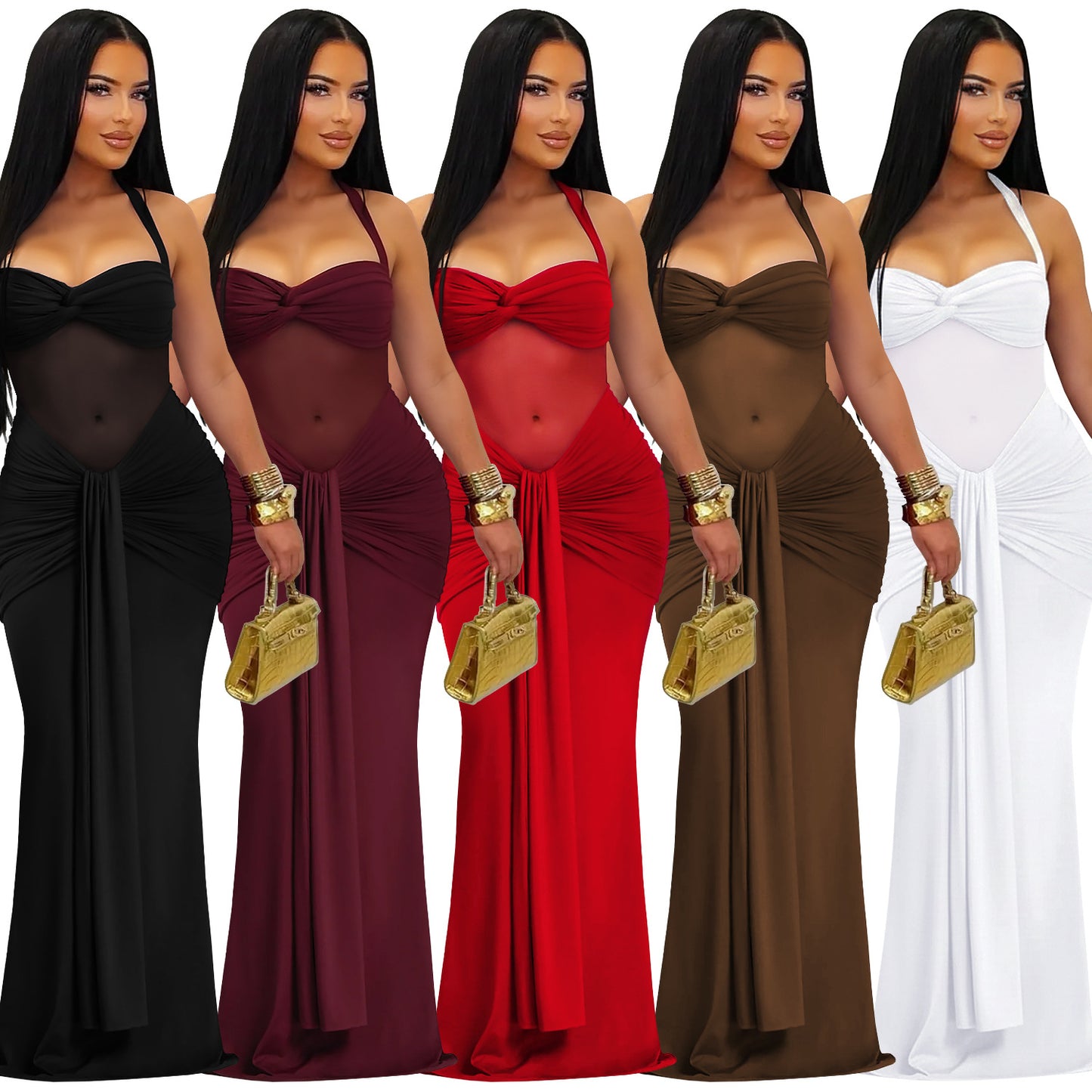 Sheer Mesh Halter Tie-Back Bodycon Dress | Tajstylo