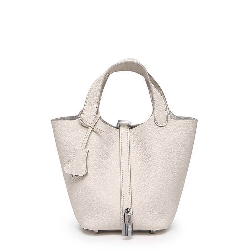 Women's Top Grain Cowhide Leather Bucket Bag – Model View | TajStylo