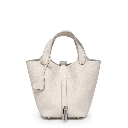 Women's Top Grain Cowhide Leather Bucket Bag – Model View | TajStylo