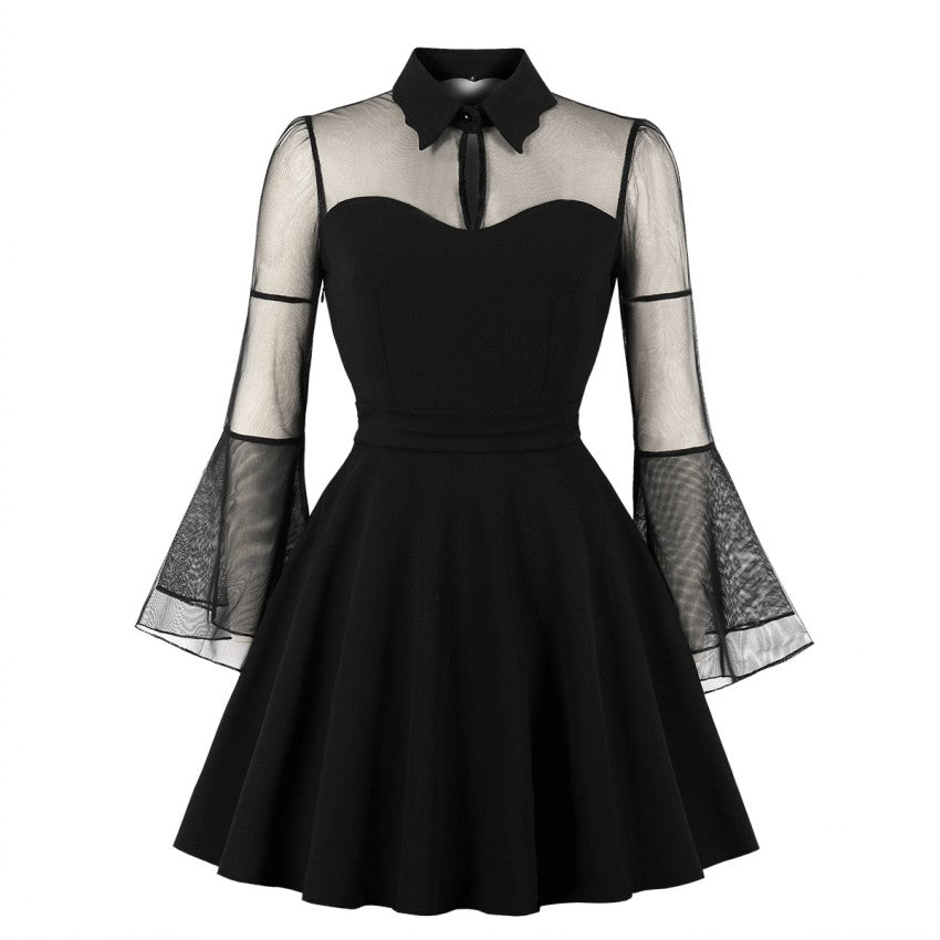 Gothic Mesh Patchwork Flare Sleeve Dress | Tajstylo