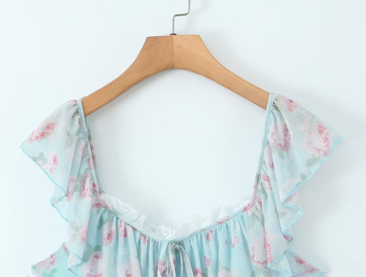 Halter Neck Lace Tie Back Printed Dress | Tajstylo