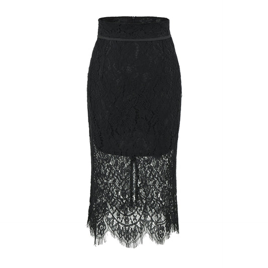Black Hollow Lace Bodycon Mid-Length Skirt | Tajstylo
