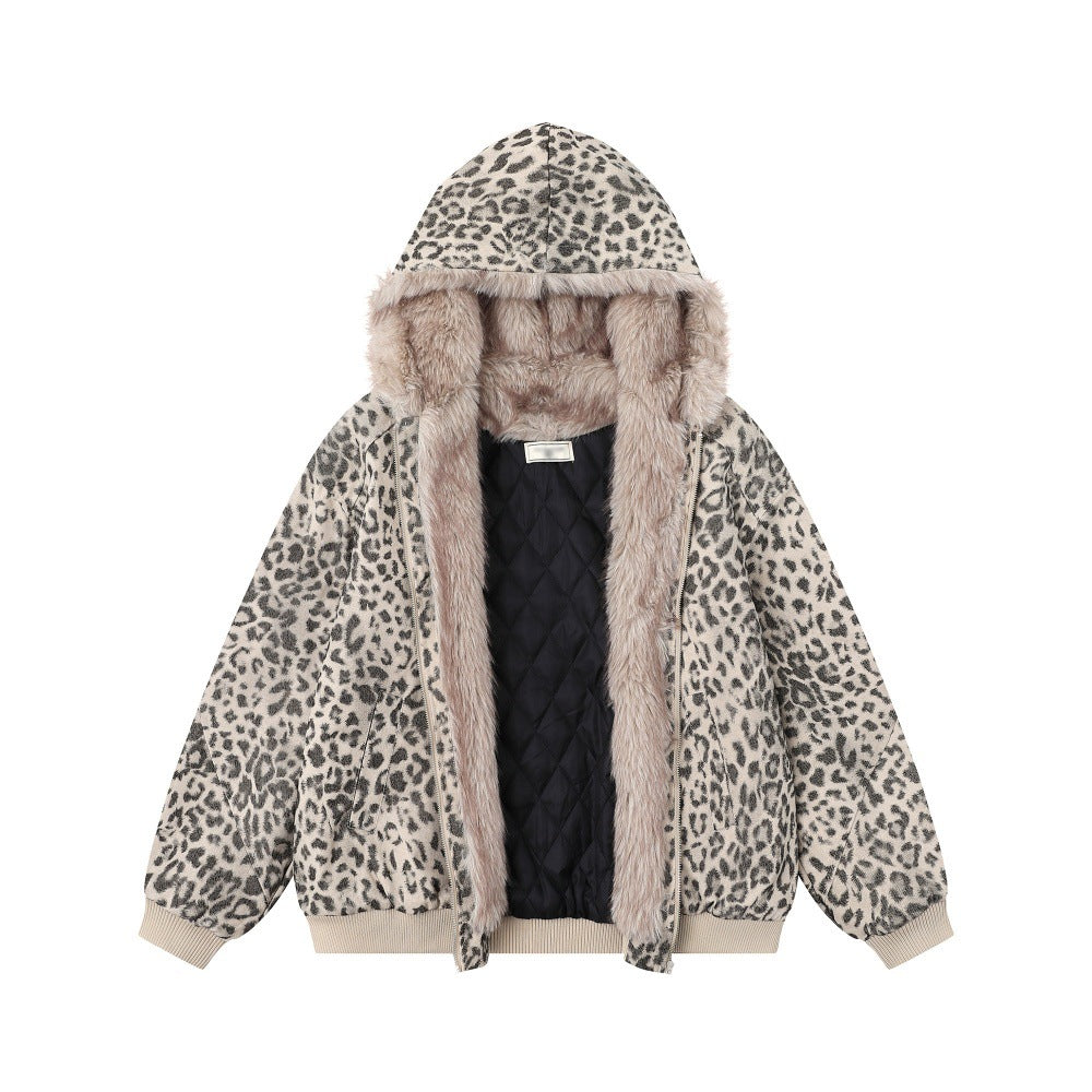 Woman wearing Leopard Print Hooded Cotton Jacket in an urban setting