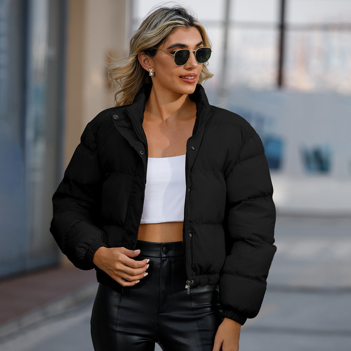 Woman wearing High Neck Loose Fit Long Sleeve Jacket in a casual outdoor setting