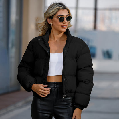 Woman wearing High Neck Loose Fit Long Sleeve Jacket in a casual outdoor setting