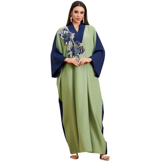 V-Neck Embroidered Patchwork Long Skirt | Tajstylo