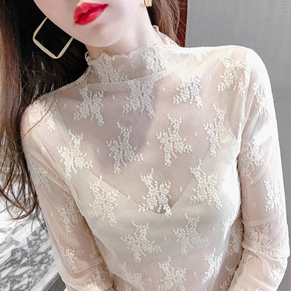 Woman wearing Transparent Korean Lace Blouse in a casual outdoor setting