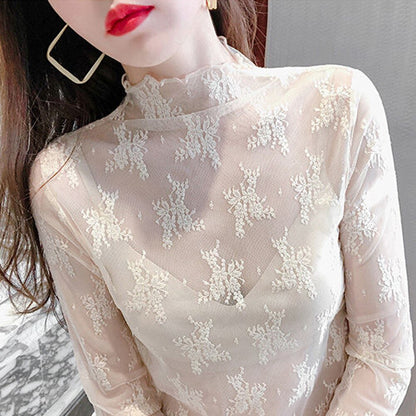 Woman wearing Transparent Korean Lace Blouse in a casual outdoor setting