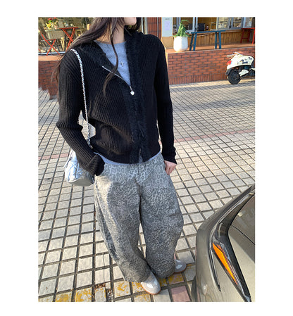 Hooded Knit Cardigan with Fur Collar | Tajstylo