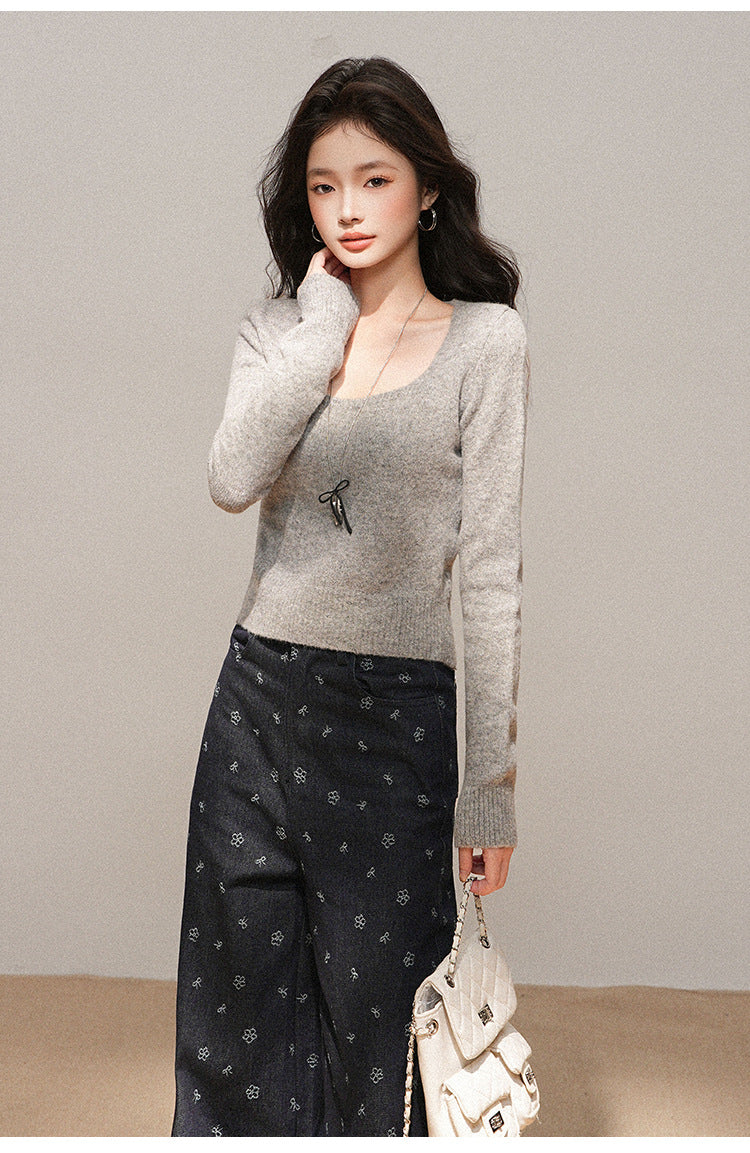 Short Knit Sweater with Square Neck | Tajstylo