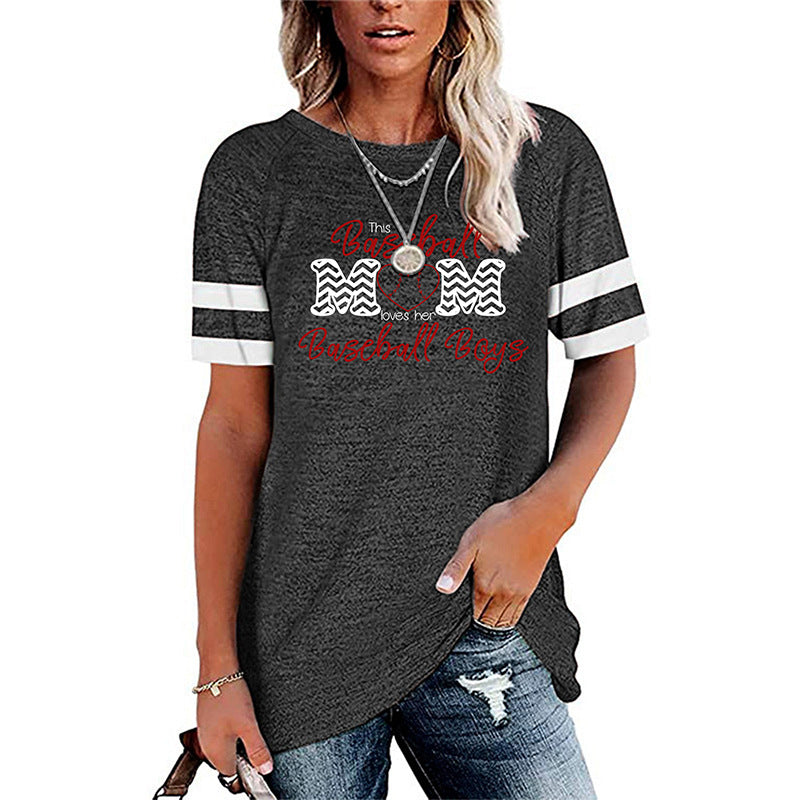 Woman wearing Mom Print Round Neck Tee in a sunny park
